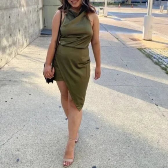 ELLIATT Camo Asymmetric Satin Cocktail Dress in Khaki Size X-Small - Picture 12 of 16